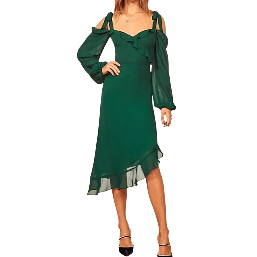Reformation NWT Women's 'Breeze' Cold Shoulder Midi Dress, Emerald Green, Size 4